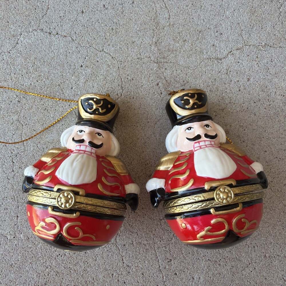 Set Of 2 Porcelain Nutcracker Trinket Box Ornaments Christmas Holiday Decor
